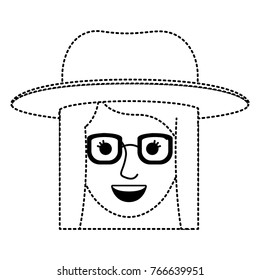 female face with hat and glasses and short straight hairstyle in black dotted silhouette