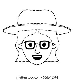 female face with hat and glasses and short wavy hair in black dotted silhouette