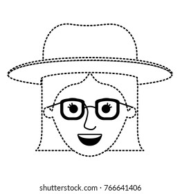 female face with hat and glasses with short straight hairstyle in black dotted silhouette