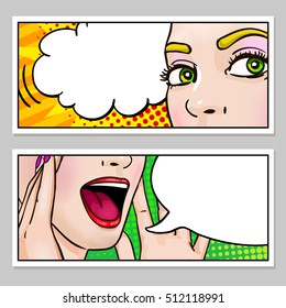 Female Face Horizontal Banners With Eyes Open Mouth And Speech Bubbles On Popart Background Isolated Vector Illustration