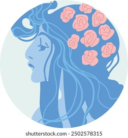 Female face icon with Art Nouveau style, accented by Victorian and Art Deco design, in vector format.
