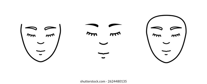 Female face icon. Minimalistic woman's face with closed eyes and relaxed expression vector illustration. Beauty and skincare treatment symbol. Calmness and wellness spa sign. Facial care pictogram.