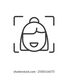 Female face ID, icon in line design. Female, face, ID, recognition, biometric, technology, authentication on white background vector. Female face ID editable stroke icon