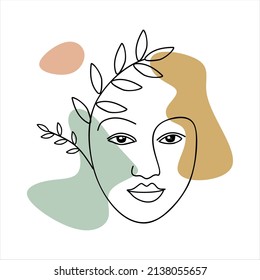 Female face with leaves. One continuous line drawing of woman face isolated on white background. Minimal style. vector