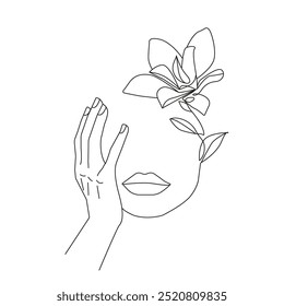 Female Face with Lilly Flower Continuous One Line Vector Drawing. Linear Drawing of Floral Woman Head. Woman Portrait Black Sketch Illustration on White Background