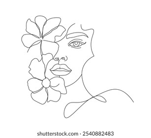 Female face in line art style with flowers and leaves. Continuous line art in elegant style for logo, prints, posters, organic cosmetics, postcards. Beautiful woman's flowers face vector illustration.
