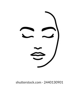 Female face, line icon. Woman head, closed eyes, lips, nose, face line. Minimalist sign for cosmetic product packaging, web, design. Linear illustrations, editable strokes 