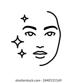 Female face, line icon. Woman head, open eyes, lips, nose, face line, stars and sparkles around. Minimalist sign for cosmetic product packaging, web, design. Linear illustrations, editable strokes 