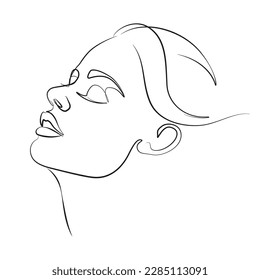 Female face linear minimalistic drawing. Portrait of a beautiful woman's face. Fashion beauty model one line art. The Concept of skin care. Continuous line vector on a white background.