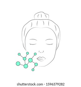Female face in a linear style. Molecule Icon. Skin components. Woman's face and beauty treatments. Skin care. Face care. Vector.