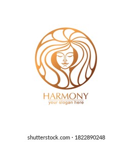 Female face logo. Emblem for a beauty or yoga salon. Style of harmony and beauty. Vector illustration