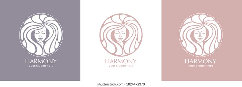 Female face logo. Emblem for a beauty or yoga salon. Style of harmony and beauty. Vector illustration - Shutterstock ID 1824472370