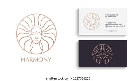 Female face logo. Emblem for a beauty or yoga salon. Style of harmony and beauty. Vector illustration