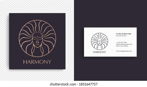 Female face logo. Emblem for a beauty or yoga salon. Style of harmony and beauty. Vector illustration