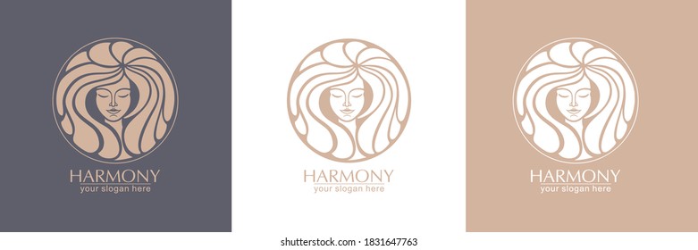 Female face logo. Emblem for a beauty or yoga salon. Style of harmony and beauty. Vector illustration - Shutterstock ID 1831647763