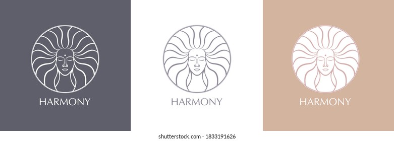 Female face logo. Emblem for a beauty or yoga salon. Style of harmony and beauty. Vector illustration