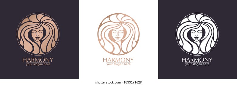 Female face logo. Emblem for a beauty or yoga salon. Style of harmony and beauty. Vector illustration