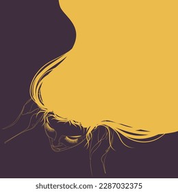 Female face with long eyelashes and hair in line art style, view from top.