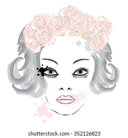 Female face makeup .  Girl in a wreath . Vector illustration for greeting card, poster, or print on clothes.
