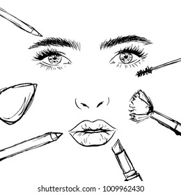 Female face with makeup tools.