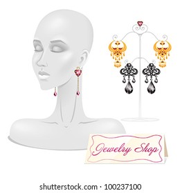 Female Face Mannequin with 3 sets of beautiful earrings