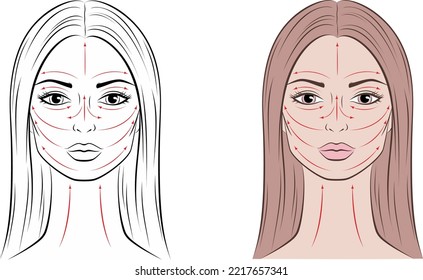 Female face with massage lines. Woman front portrait. Women head drawing. Outline sketch. Template for beauty industry. Vector illustration.