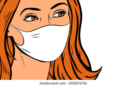 Female face in a medical mask on a white background. Lifestyle during epidemic and quarantine. Protection against viral infections. Vector pop art illustration.