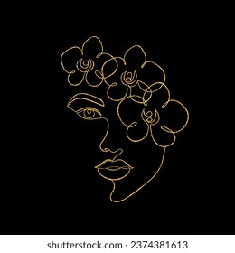 Female face in minimal line art style with golden effect on black background.