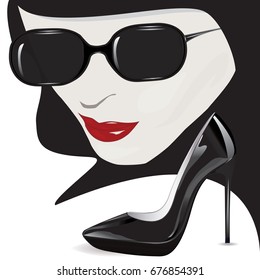 Female face - mysterious, red lips, black sunglasses, lacquered high-heeled shoes - art abstract creative modern illustration, vector
