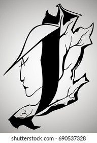 Female face and oak leaf