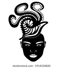 Female face with ocean mollusk Argonaut as her hat, hair or mind. Dark female archetype. Dangerous lady. Thoughts as tentacles. Power of subconsciousness. Black and white silhouette.