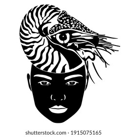 Female face with ocean mollusk nautilus as her hat or hair. Black and white silhouette. Creative marine concept.