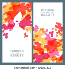 Female face on abstract splash background. Woman with colorful hair. Set of vector label, package background, banner, poster, flyer design elements. Concept for beauty salon, makeup, hairstyle.