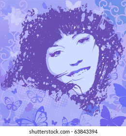 Female face on a blue background with butterfly