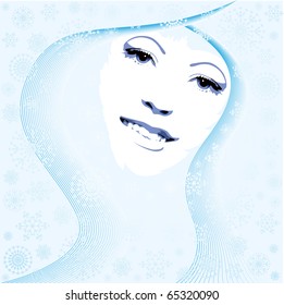 Female face on a blue background with snowflakes