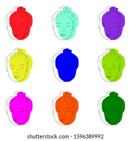 Female face on a colored plain background. Art. Vector.