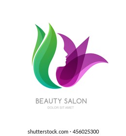 Female Face On Green Leaves And Lily Flower Background. Vector Logo, Label, Emblem Design Elements. Womens Profile And Tulip Flower. Concept For Beauty Salon, Massage, Cosmetic And Spa.