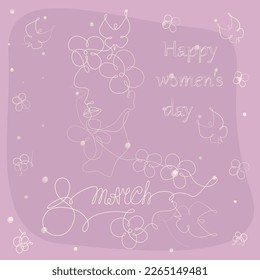 Female face one continuous line with flowers, butterflies and lettering March 8. Happy Womens Day