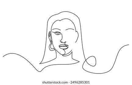 Female Face in one continuous line drawing. One line poster. Outline Female Long Hair Face. For interior design and presentations. Vector illustration.