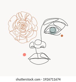 Female face one line drawing with minimal shapes, curved lines and beautiful rose. Woman portrait with rose flower, vector illustration for fashion design. Abstract minimal drawing of young girl