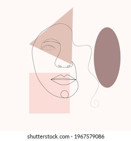 Female face one line drawing with minimal shapes, doodles, tropical leaves and flower. Abstract woman portrait illustration for fashion design, modern cover, poster, template in minimal flat style