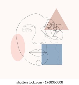 Female face one line drawing with minimal shapes, doodles, tropical leaves and flower. Abstract woman portrait illustration for fashion design, modern cover, poster, template in minimal flat style