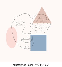 Female face one line drawing with minimal shapes, doodles, tropical leaves and flower. Abstract woman portrait illustration for fashion design, modern cover, poster, template in minimal flat style