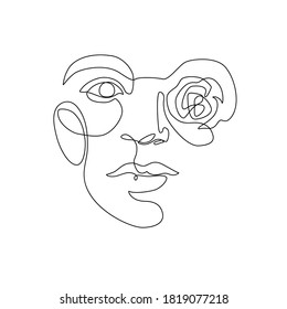 Female face one line minimal drawing with curved lines and beautiful rose. Woman portrait with rose flower, vector illustration for fashion design. Abstract minimal artwork of young girl