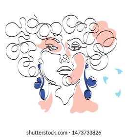 Female face in one line. Stylized woman portrait.
