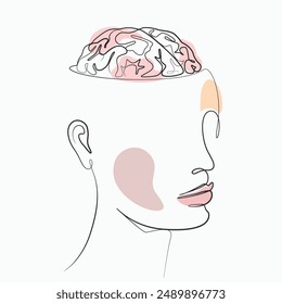 Cara femenina con el cerebro abierto dibujando una línea. Cara femenina con cerebro abierto ilustración de una sola línea. Cara femenina Con cerebro abierto arte de línea minimalista