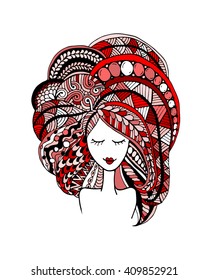 Female face, ornate hairstyle for your design. Vector illustration