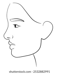 Ilustração do contorno do rosto feminino. Face de uma menina de vista lateral. Retrato, perfil lateral, beleza.