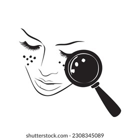 Female face with pigment spots under a magnifying glass