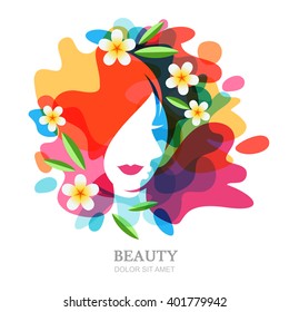 Female face and plumeria flowers on multicolor splash background. Vector abstract multiple exposure illustration, isolated. Design concept for spa, beauty salon, cosmetics, cosmetology, hairstyle.
